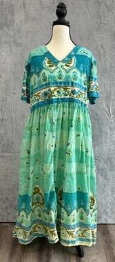 Phases Women's XL Cotton Paisley Boho Maxi Dress Turquoise Green Summer Vacation